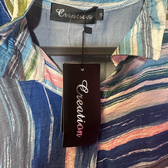 Evolution and Creation Blue Button Down Blouse with Mandarin Collar - Picture 3 of 11